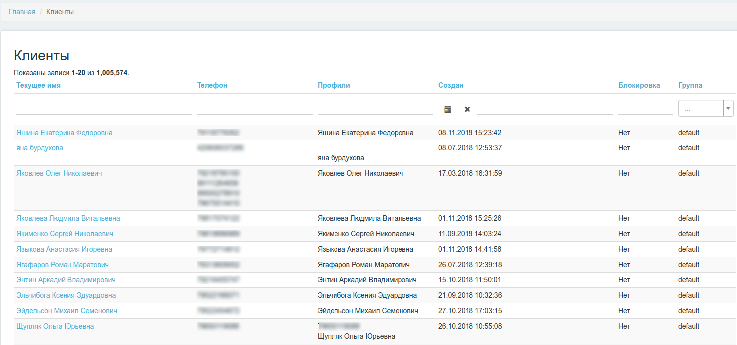 Интерфейс списка клиентов