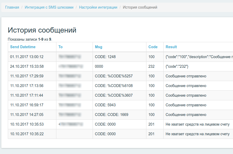 Интерфейс журнала сервиса SMS