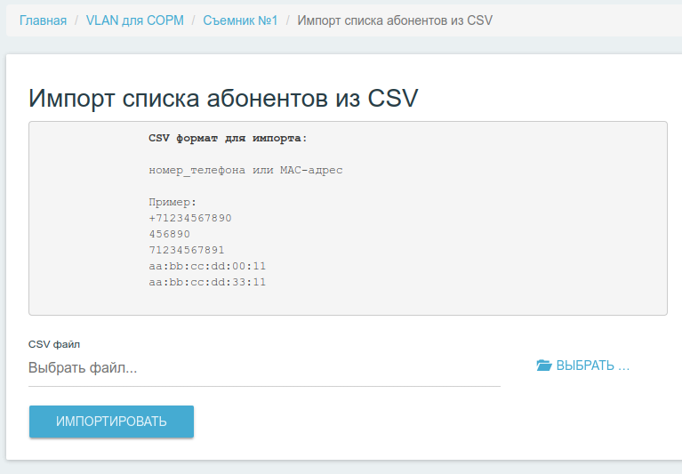Интерфейс импорта абонентов